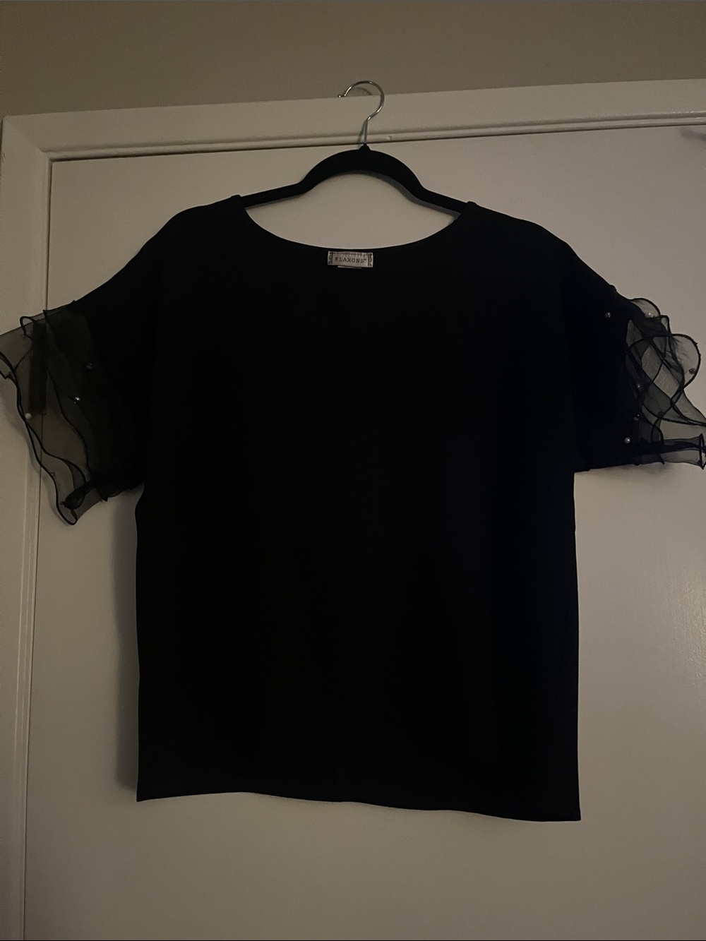 Black Women's Short-Sleeve Blouse with Sheer Ruffle Sleeves